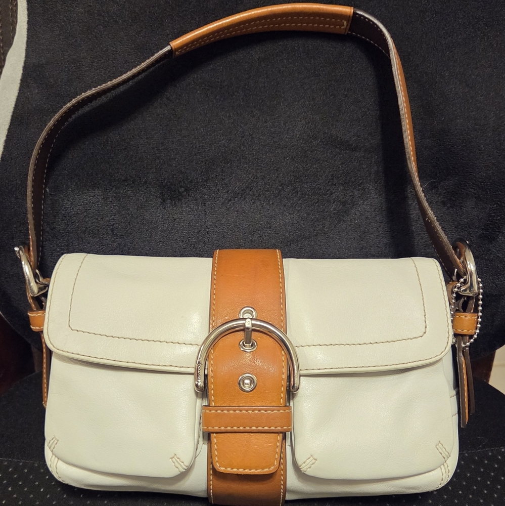 Coach Cream and Tan Leather Shoulder Bag with Silver Buckle